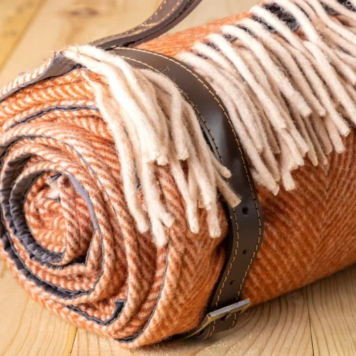 Recycled Wool Waterproof Picnic Blanket in Rust Herringbone - Brown Le^Be Home Best
