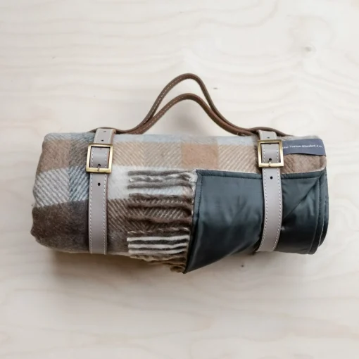Recycled Wool Waterproof Picnic Blanket in Neutral Herringbone Check -^Be Home Best Sale