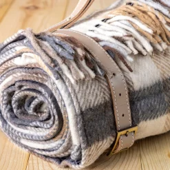 Recycled Wool Waterproof Picnic Blanket in Neutral Herringbone Check -^Be Home Best Sale