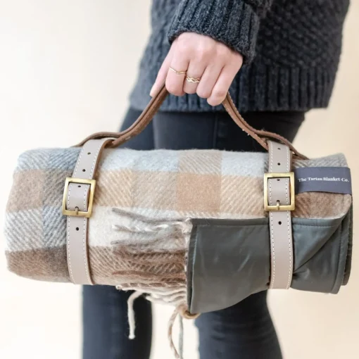 Recycled Wool Waterproof Picnic Blanket in Neutral Herringbone Check -^Be Home Best Sale