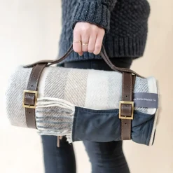 Recycled Wool Waterproof Picnic Blanket in Neutral Stripe - Brown Leat^Be Home Online