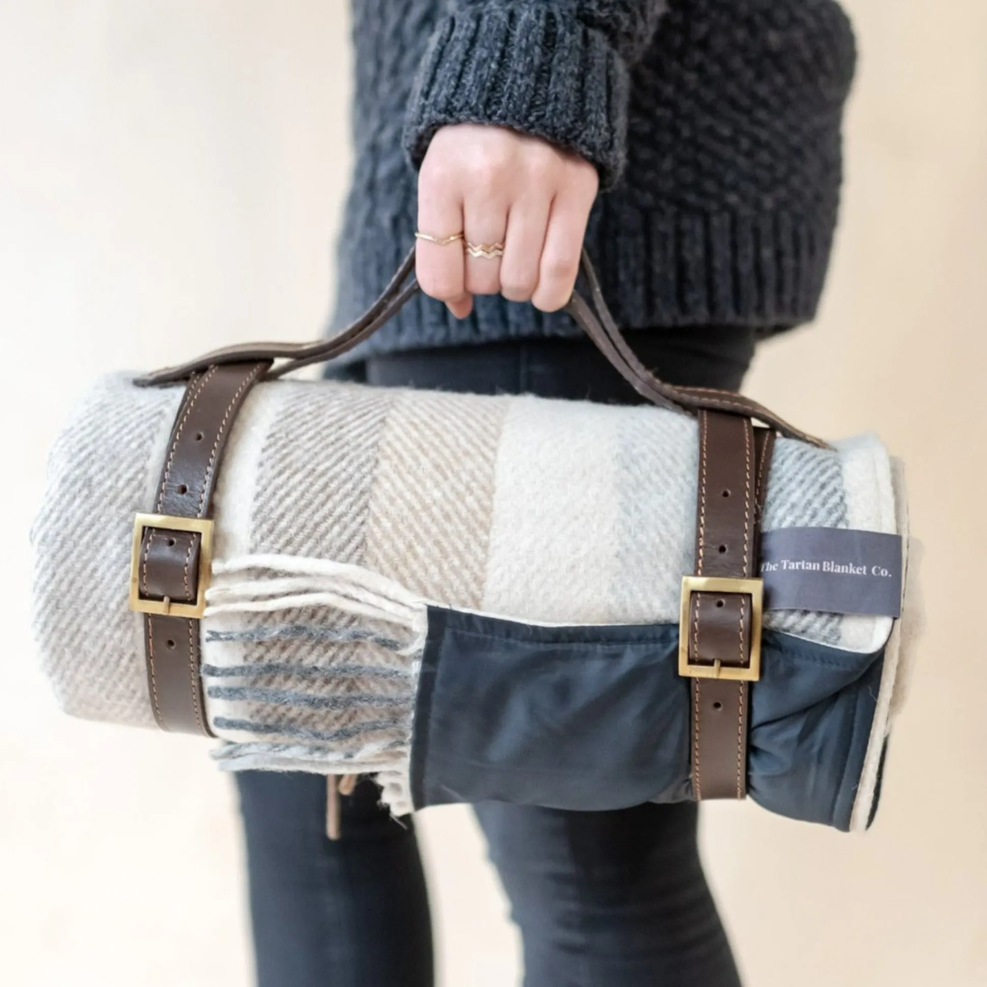 Recycled Wool Waterproof Picnic Blanket in Neutral Stripe - Brown Leat^Be Home Fashion