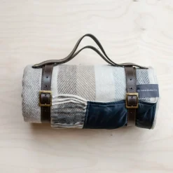 Recycled Wool Waterproof Picnic Blanket in Neutral Stripe - Brown Leat^Be Home Best