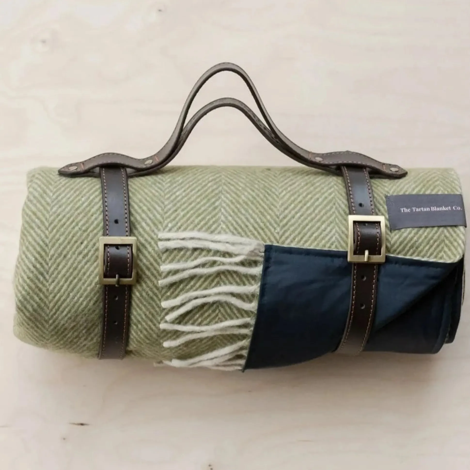 Recycled Wool Waterproof Picnic Blanket in Olive Herringbone^Be Home Hot