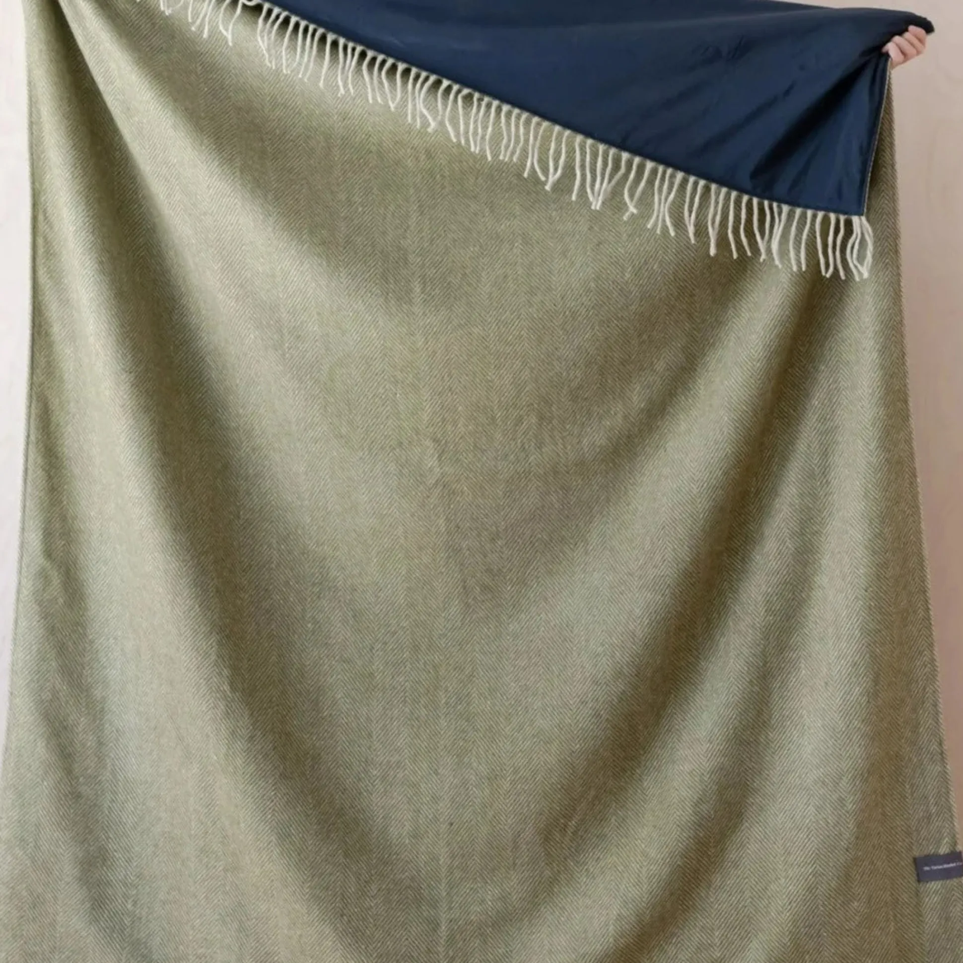 Recycled Wool Waterproof Picnic Blanket in Olive Herringbone^Be Home Hot