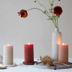 Ribbed Pillar Candle, Parchment^Be Home Cheap