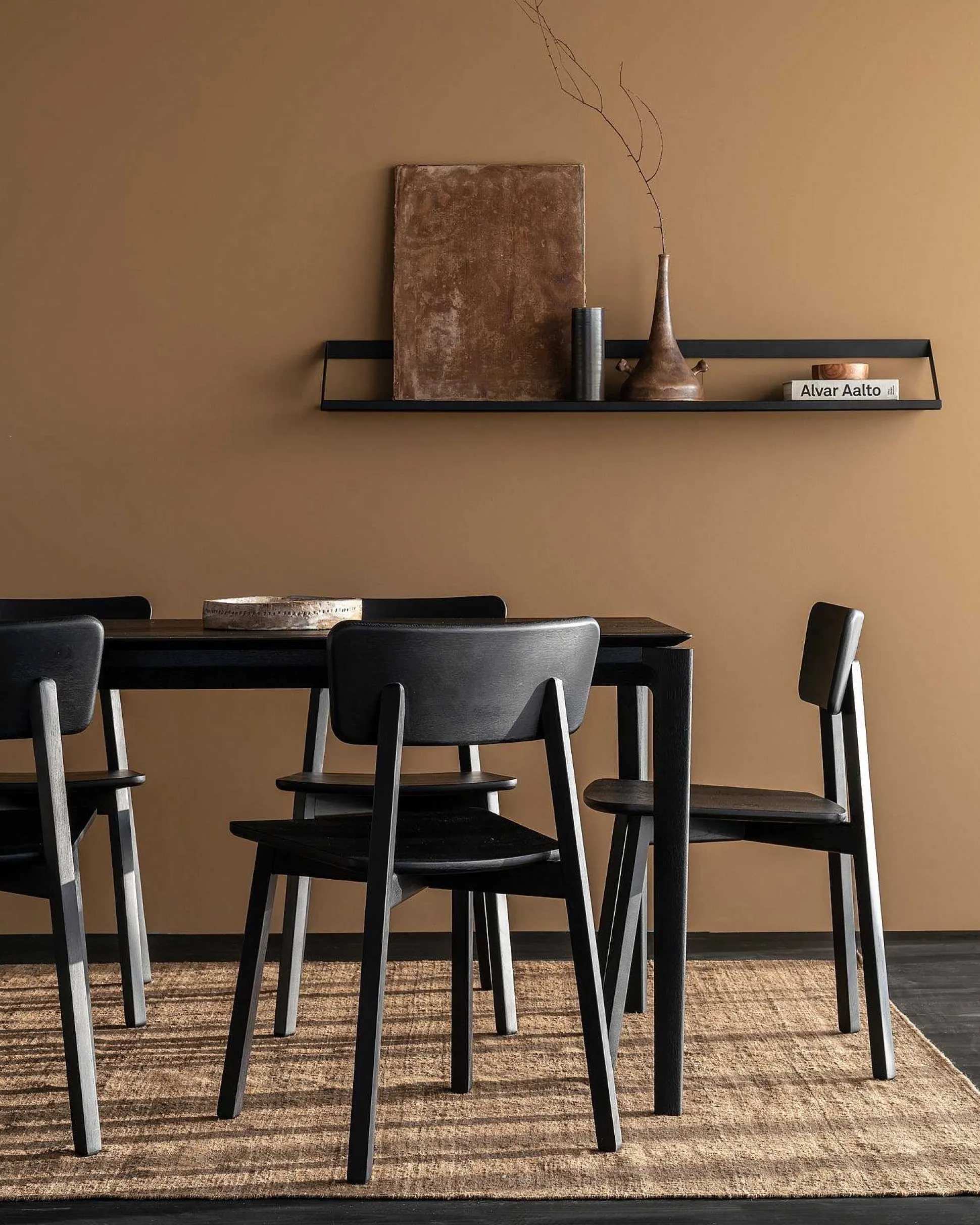 Ribbon Solid Black Oak Shelf with Black Metal, 55"