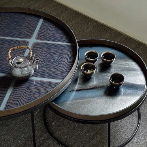 Round Glass Linear Squares Tray, Slate, Extra Large