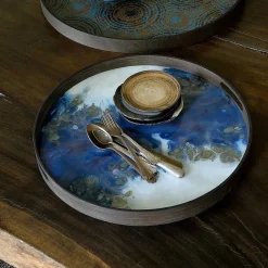 Round Glass Organic Tray, Blue Mist