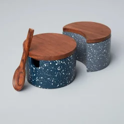 Speckled Cement Interlocking Cellar Set with Wood Lid and Spoon, Midni