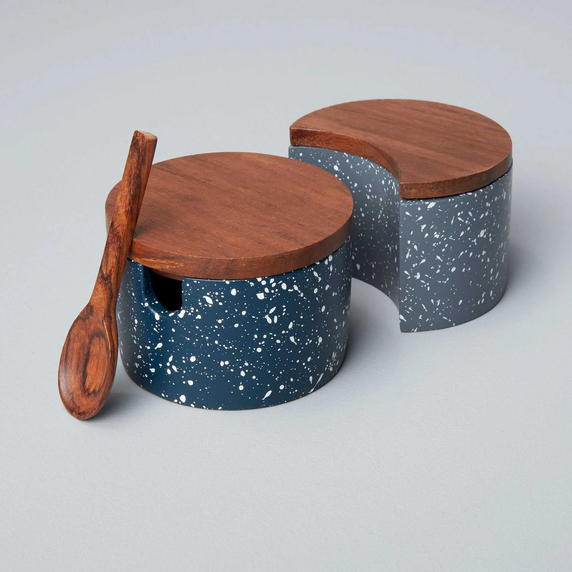 Speckled Cement Interlocking Cellar Set with Wood Lid and Spoon, Midni