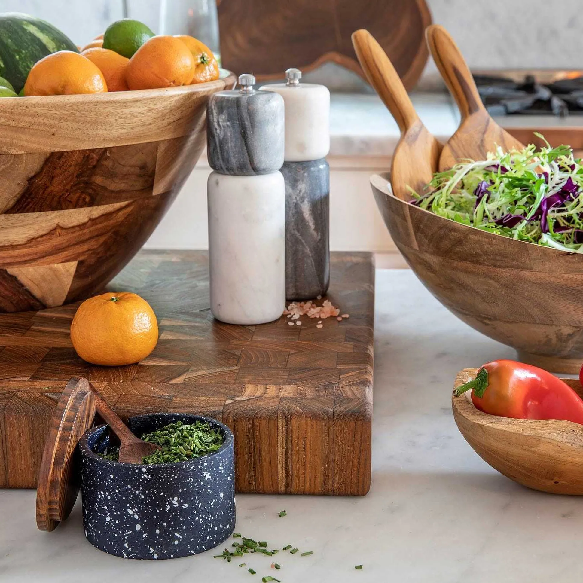 Speckled Cement Interlocking Cellar Set with Wood Lid and Spoon, Midni