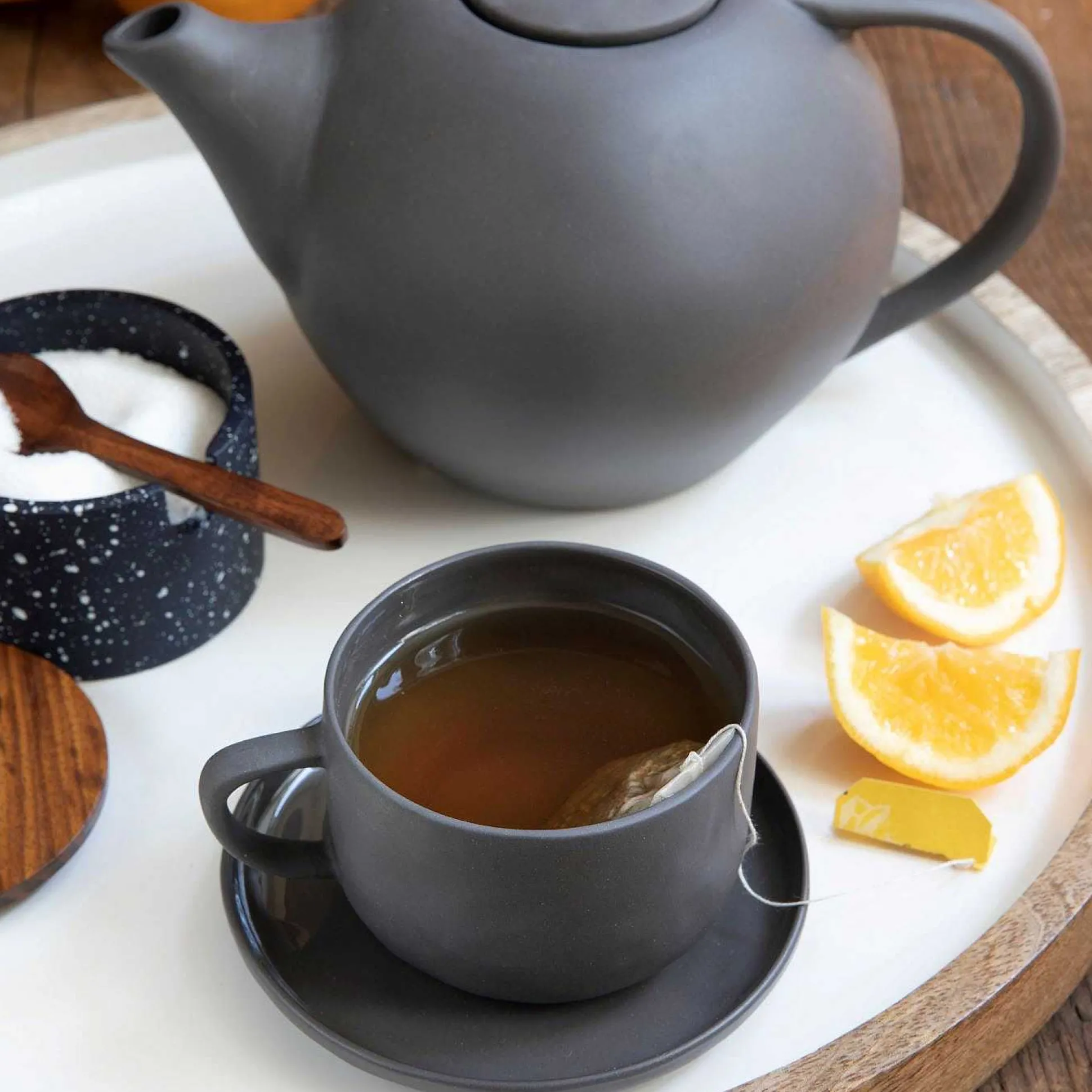 Speckled Cement Interlocking Cellar Set with Wood Lid and Spoon, Midni