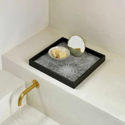 Square White Slices Varnished Wood Tray, Small