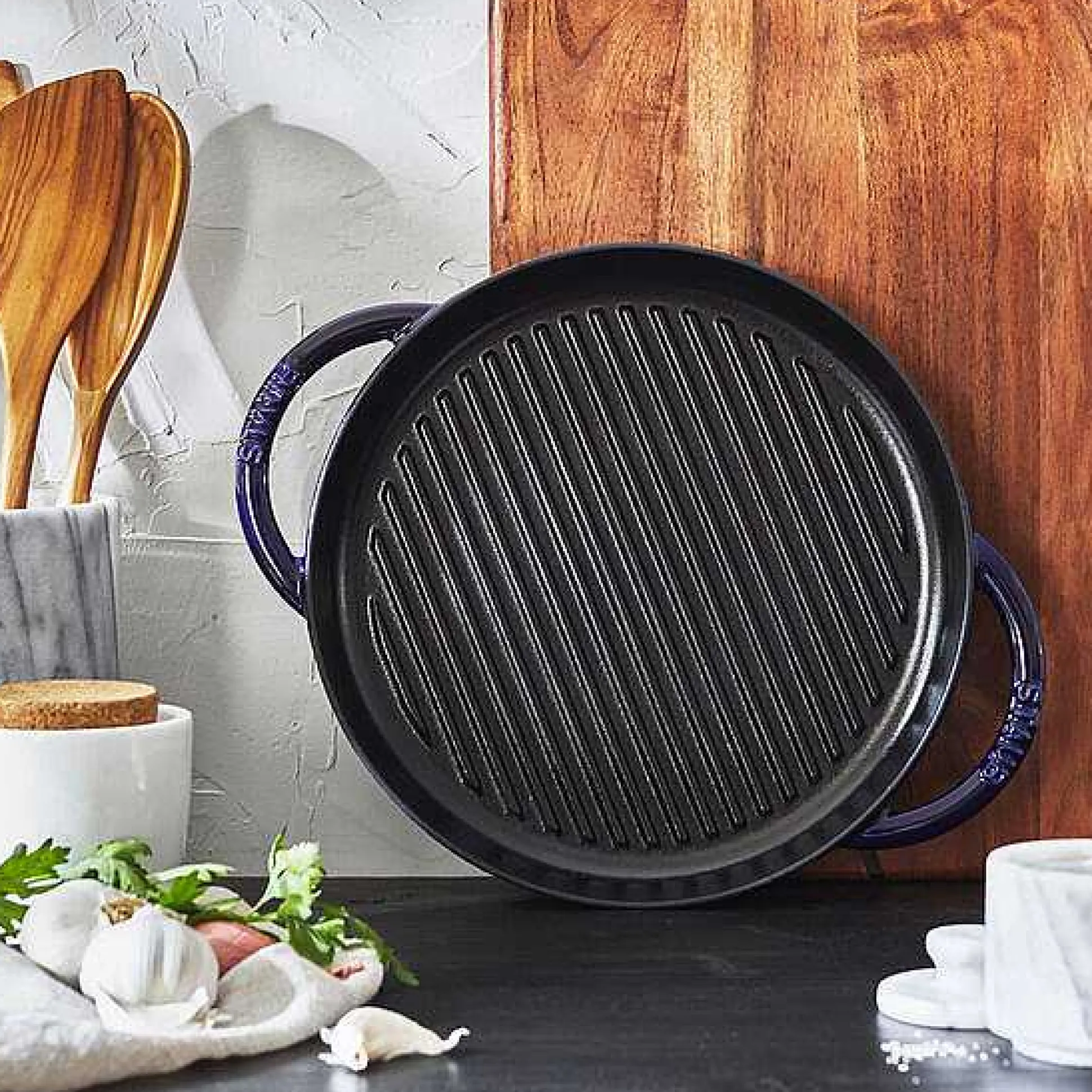 Staub Round Double Handle Pure Grill, 10", Dark Blue