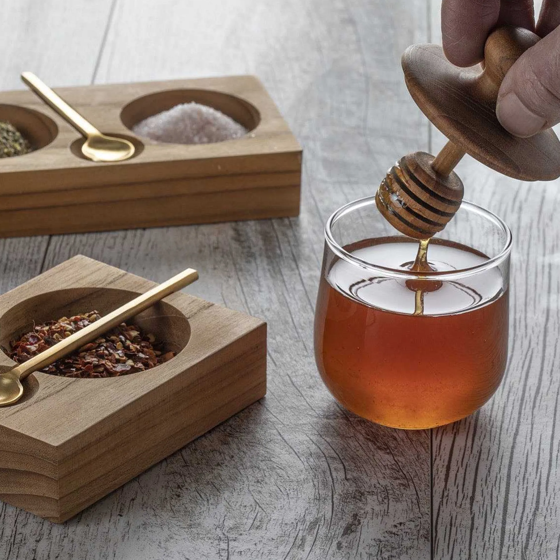 Teak & Glass Honey Jar