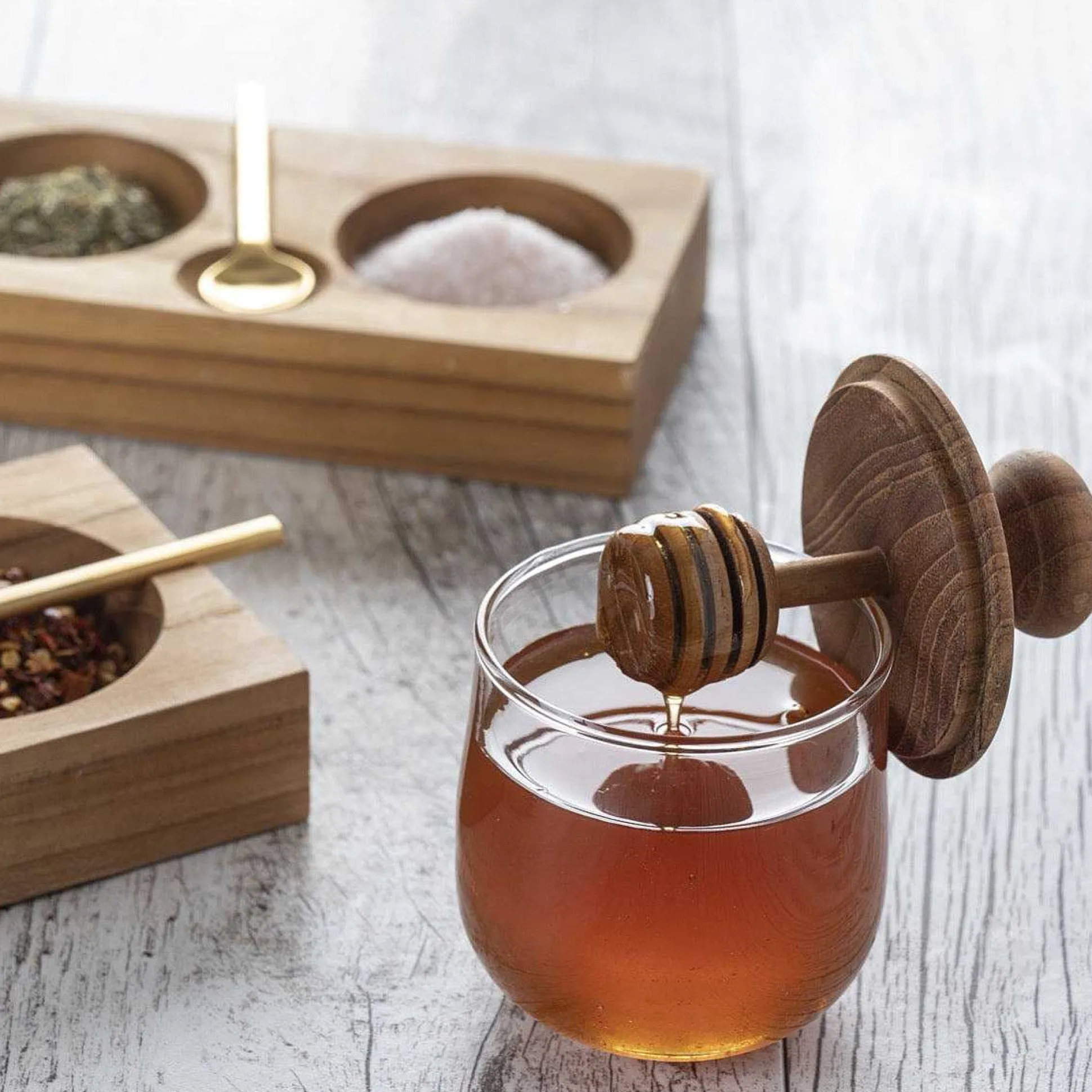Teak & Glass Honey Jar