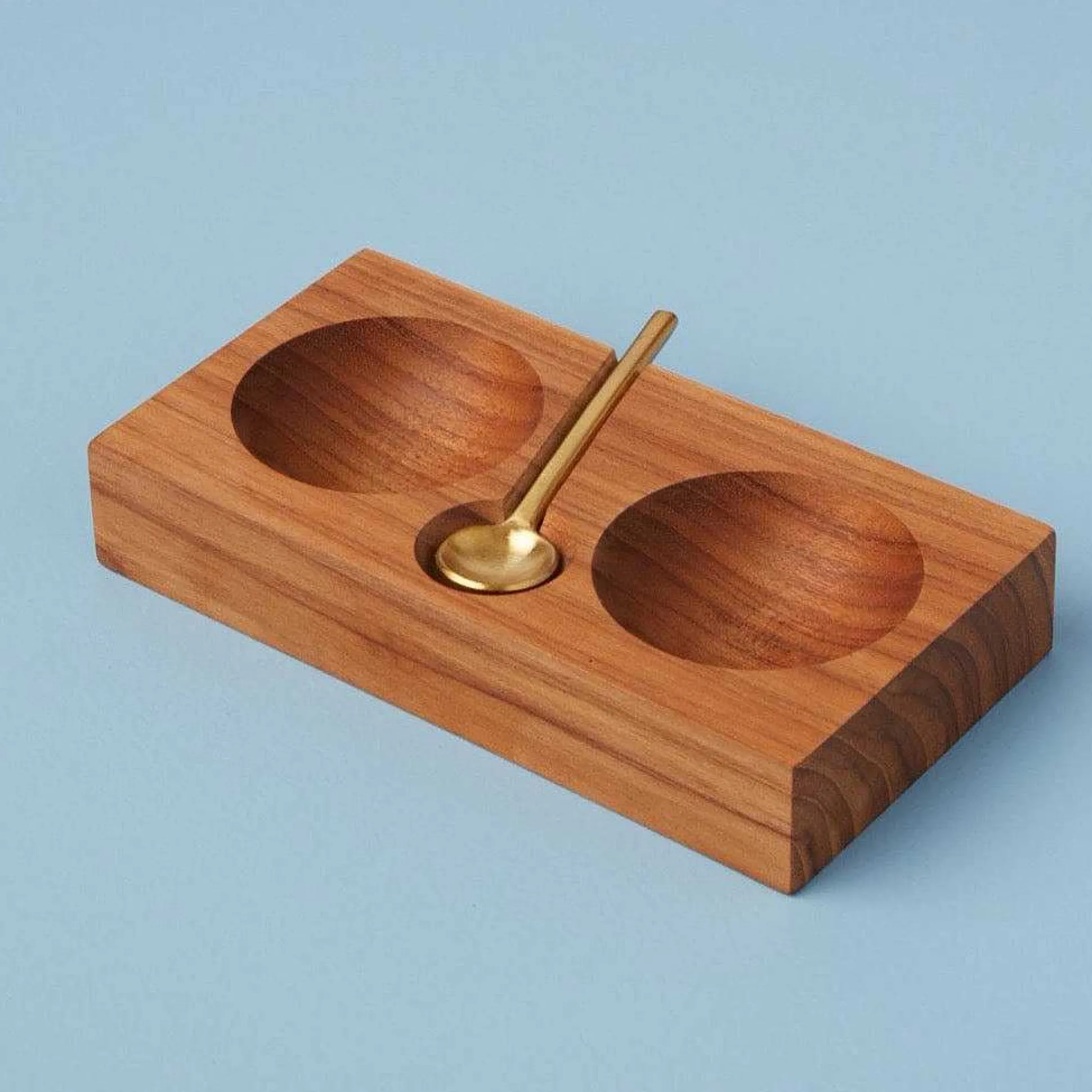 Teak Plank Salt & Pepper Cellar with Gold Spoon