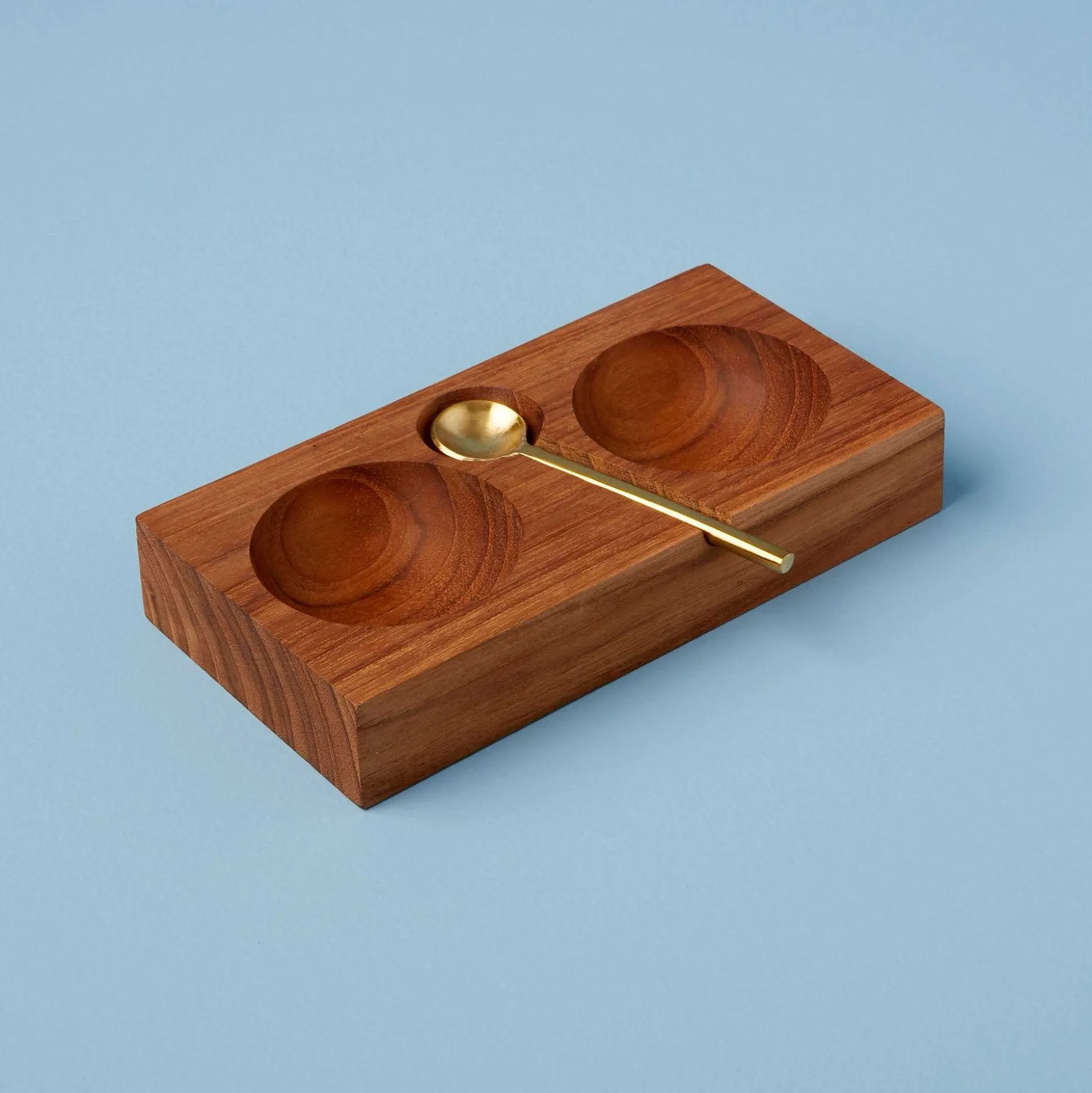 Teak Plank Salt & Pepper Cellar with Gold Spoon