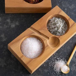 Teak Plank Salt & Pepper Cellar with Gold Spoon