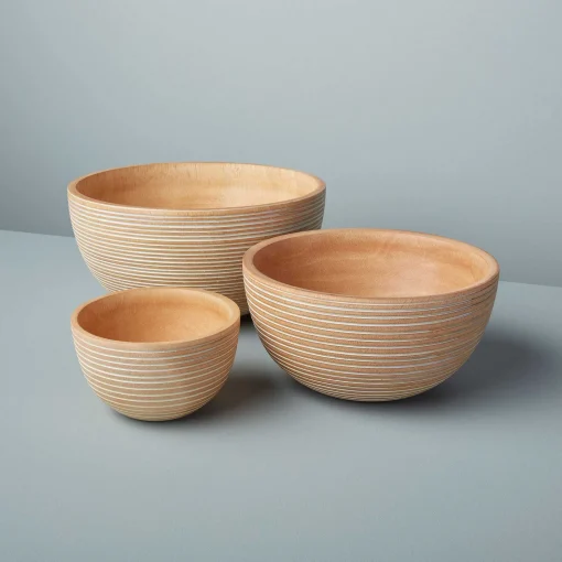 White Striped Kiln Mango Wood Bowl Large